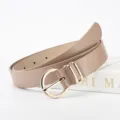 Ceinture femme en similicuir beige mat, avec boucle ronde dorée et deux passants métallisés - 106*2.8 / Kaki