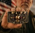 Close-up of a vintage brass-tone buckle with raised shield, laurel branches and ribbon details. - Copper