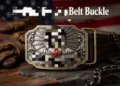 Vintage western heart belt buckle in silver metal, with gold trim and a red heart accent - Sacred Heart Embossed Style / Silver