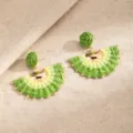 Pair of fan-shaped woven earrings in green and pale yellow, with gold beads on beige linen - Green (E3915-3)