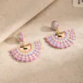 Close-up of pastel rainbow woven fan shapes with gold beads, displayed as a matching pair - Multicolor (E6101-29)