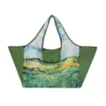 Green foldable tote bag with Van Gogh-style field print, top handles and a front storage pocket - Wheat Field / 38x26x30cm