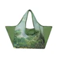 Foldable green shopping tote with painterly tree print, long handles and snap-close pouch - Olive Trees / 38x26x30cm