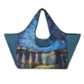 Foldable shopping tote with a blue starry-night oil painting print and solid teal side panels - Starry Night Over the Rhone / 38x26x30cm