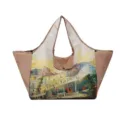 Large khaki shopping tote with handles and a colorful Van Gogh-style street scene print - Cafe Terrace at Night Style / 38x26x30cm
