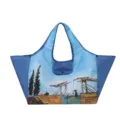 Blue foldable large-capacity shopping tote with oil-painting print and practical carry handles - The Drawbridge with Cypress / 38x26x30cm
