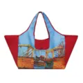 Foldable shopping tote in red and blue with a painted bridge print and snap closure - The Red Bridge / 38x26x30cm