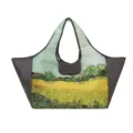 Foldable large shopping tote with gray side panels, an oil-painted landscape print and matching pouch - Wheat Field with Irises / 38x26x30cm