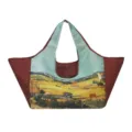Foldable tote bag with a harvest-field painting, rust-brown sides and pale blue handles - Plain Wheat Field / 38x26x30cm