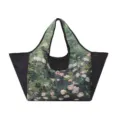 Large foldable tote shopping bag with black panels and a green floral oil-painting print - Pink Roses / 38x26x30cm