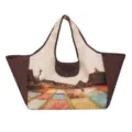 Large-capacity tote shopping bag with brown sides, painterly print and detachable mini pouch - Colorful Flower Field / 38x26x30cm
