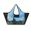 Large tote shopping bag with black sides and a painterly blue-sky and green-tree print - Wheat Field with Cypresses / 38x26x30cm