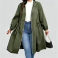 Model wearing an olive green hooded coat with a drawstring waist and relaxed A-line shape - 0XL / Tops / Army Green