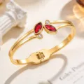 Gold-tone stainless steel hinged cuff bracelet with red marquise stones and clear crystal accents - Red (SZ6143)