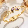 Gold stainless steel cuff bracelet with purple marquise-cut stones and round crystal accents - Purple (SZ6143)