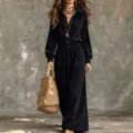 Tenue noire en tissu côtelé, avec patte boutonnée et taille froncée, portée avec un sac tressé - S / Noir