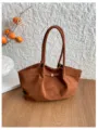 Brown faux suede tote bag with rounded handles, metal buckle detail, and spacious design - Without Scarf / Brown