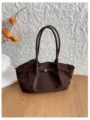 Dark brown faux suede tote shoulder bag with soft ruched shape, twin handles and metal buckle - Without Scarf / Coffee