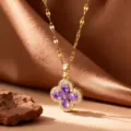 Purple Rhinestone Four-Leaf Clover Pendant (X08318) / Gold