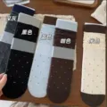 Cinque calze a pois grigie, nere, blu, marroni e color crema sono disposte su un piano di legno - Taglia unica / Grigio scuro
