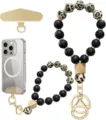 Close-up display of black and leopard-print beads, gold-tone spacers, clasp, key ring and phone tab - Black Matte Leopard Style (JZ-SJL-007-1)