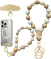 Close-up of beige and white beaded wrist straps with gold-tone spacers, wood charms and clasp - Beige Pearl White Style (JZ-SJL-007-2)