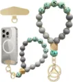 Two beaded straps in sage green and gray with wooden accents, gold clips and phone attachments - Green Spotted Grey Style (JZ-SJL-007-3)