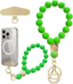 Close-up view of bright green beads, rhinestone spacers, wood accents, and gold-tone phone clips - Green Style (JZ-SJL-007-4)