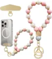 Flat lay of pink and white pearl-look beads with gold spacers, wooden accents and phone fittings - Pink White Pearl Luster Style (JZ-SJL-007-6)