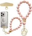 Pink beaded wrist straps with gold-tone spacers, wooden beads, clips, phone tether patch, and clear case - Pink Style (JZ-SJL-007-7)