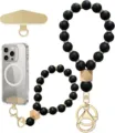 Black beaded wrist straps with gold spacers, wooden accents, phone tether tab and clear case - Black Frosted Style (JZ-SJL-007-8)
