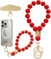 Red silicone bead wrist straps with gold-tone clasps, wooden cube beads, phone patch and clear case - Red Style (JZ-SJL-007-9)