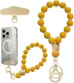 Yellow silicone bead wrist strap with gold-tone clips, wooden accent bead, and phone tether patch - Yellow Style (JZ-SJL-007-10)