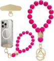 Close-up display of fuchsia bead wrist straps with gold spacers, wooden beads and metal key rings - Rose Red Style (JZ-SJL-007-12)