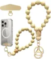 Flat lay showing beige bead wrist straps, gold-tone connectors, wooden beads and a phone tether tab - Beige Style (JZ-SJL-007-13)
