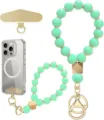 Flat lay of mint-green beaded wrist straps with gold-tone charms and phone tether tab - Army Green Style (JZ-SJL-007-14)