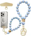 Light blue beaded wrist straps with gold spacers, wooden beads, hooks, phone patch and clear case - Light Blue Style (JZ-SJL-007-15)