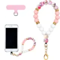 Phone shown with a pink-and-white beaded wrist strap, floral beads, gold clasp and attachment tab - Pink White Print Style (JZ-SJL-007-22)