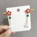 One Pair of Red Rhinestone Flowers with Tassels (F01)
