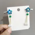 One Pair of Blue Rhinestone Flowers with Tassels (F01)