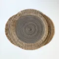 Round woven placemat in beige, brown and charcoal tones, with concentric texture and fringe - 37cm Approx 60g / Coffee (Jute Tassel)
