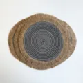 Round woven jute placemat with natural brown fringe and a charcoal gray and white center - 37cm Approx 60g / Black Gray Silver Silk (Jute Tassel)