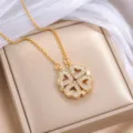 Goldfarbene Titanstahlkette mit vierblättrigem Herzanhänger und funkelnden weißen Zirkonia - Gold Herz Vierblättrige Blume (X1227) / Gold