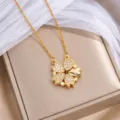 Goldene Kleeblattkette mit Anhänger, weißen Zirkonia-Steinen und feiner Gliederkette - Gold Doppelseitige Blume (X1239) / Gold