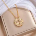 Goldfarbene Kleeblattkette mit vier herzförmigen Elementen und funkelnden weißen Steinen - Gold Poliertes Herz Kleeblatt (X1230) / Gold