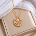 Goldfarbene Kleeblattkette mit rosa Tropfensteinen und funkelnden Kristallakzenten - Gold Rosa (X3105) / Gold + Rosa