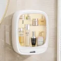 Ivory white wall-mounted cosmetic organizer with a clear front door and bottom drawer - Square / Ivory