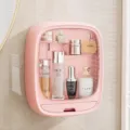 Wall-mounted cosmetic organizer in sakura pink plastic with clear flip cover and bottom drawer - Square / Sakura Pink