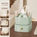 Organizer da scrivania verde girevole a 360°, in plastica rigata, con scomparti e base con cassetto - Stoccaggio a Doppio Strato / Verde di Lusso Oro