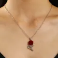 Red Rose Heart Necklace / 42+5cm / Silver